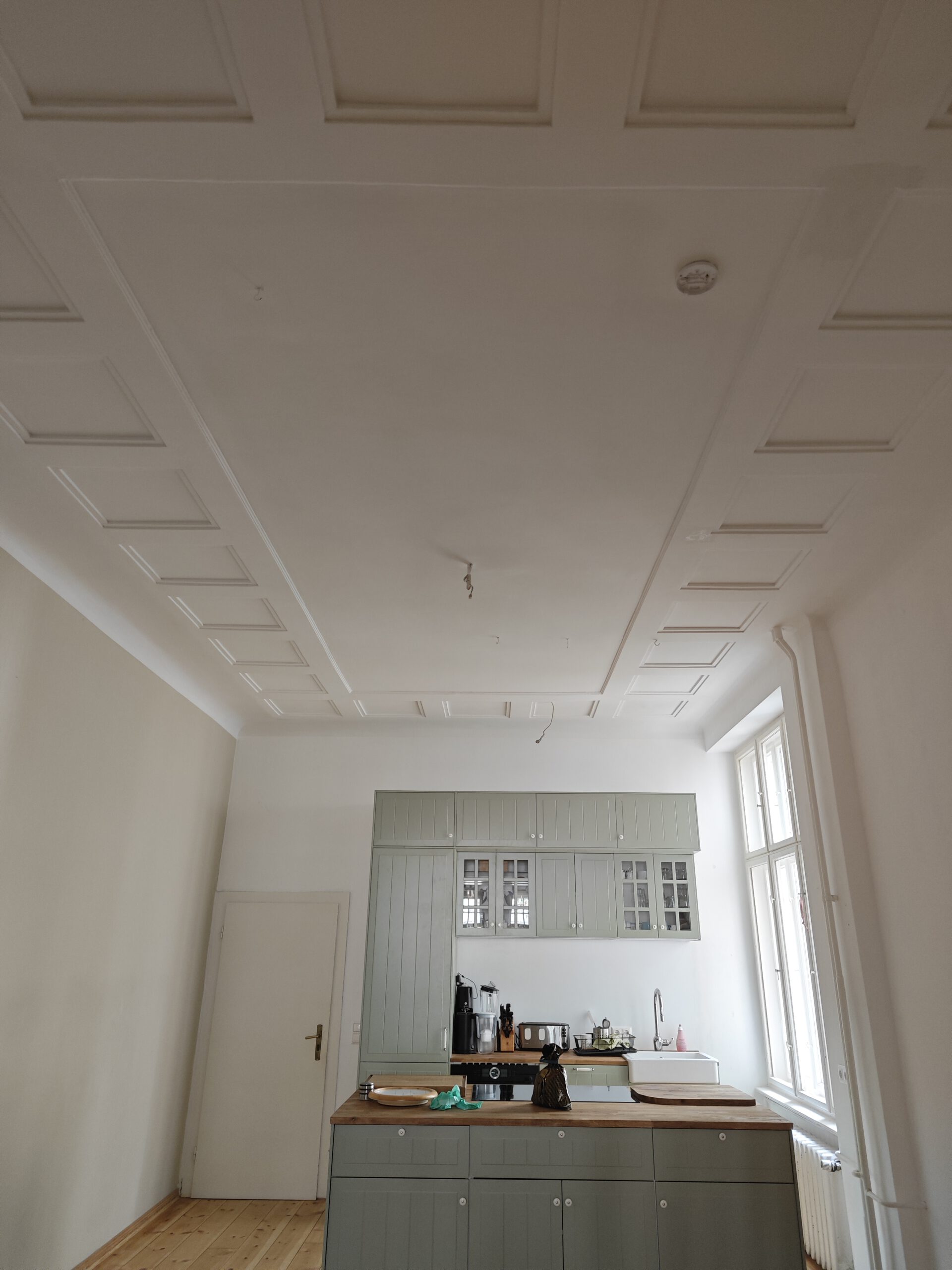 Moderne Küche mit Kassettenstruktur-Decke und grüner Küchenzeile in renoviertem Altbau